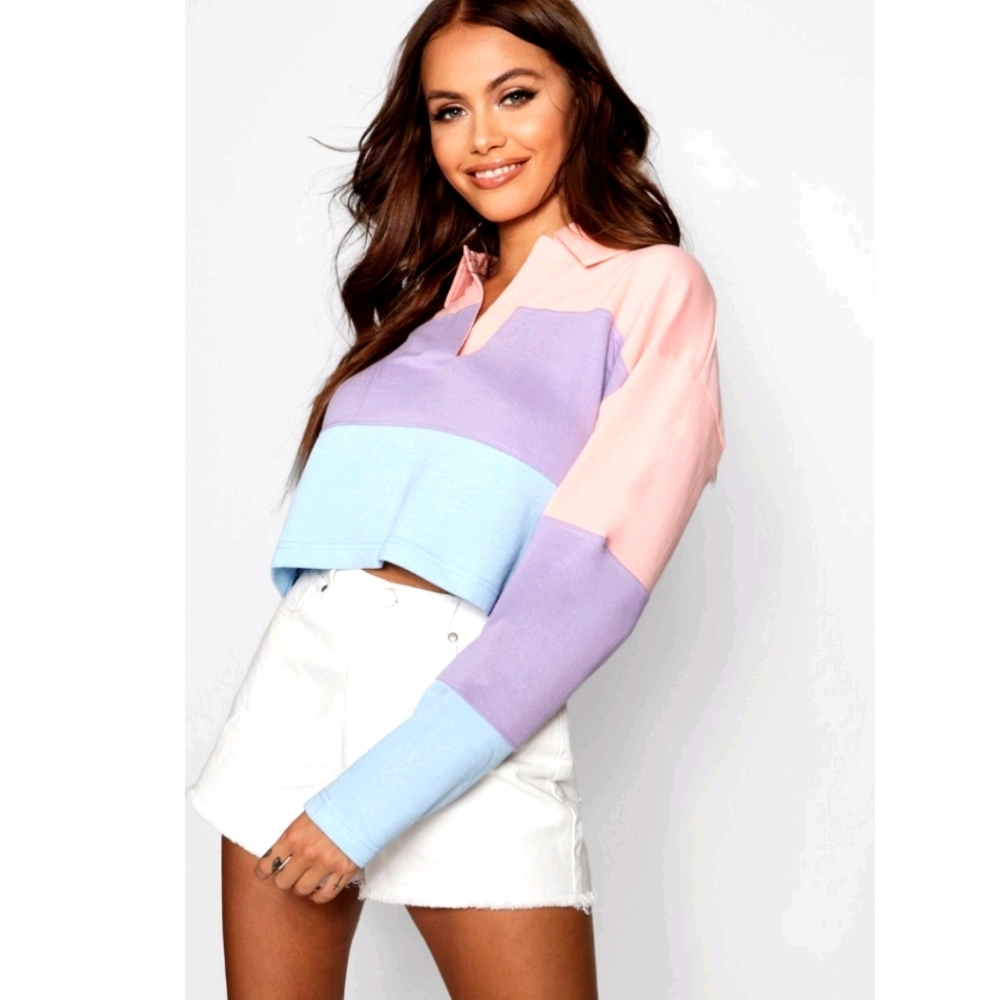 Color block rugby crop top peach, lilac, & blue